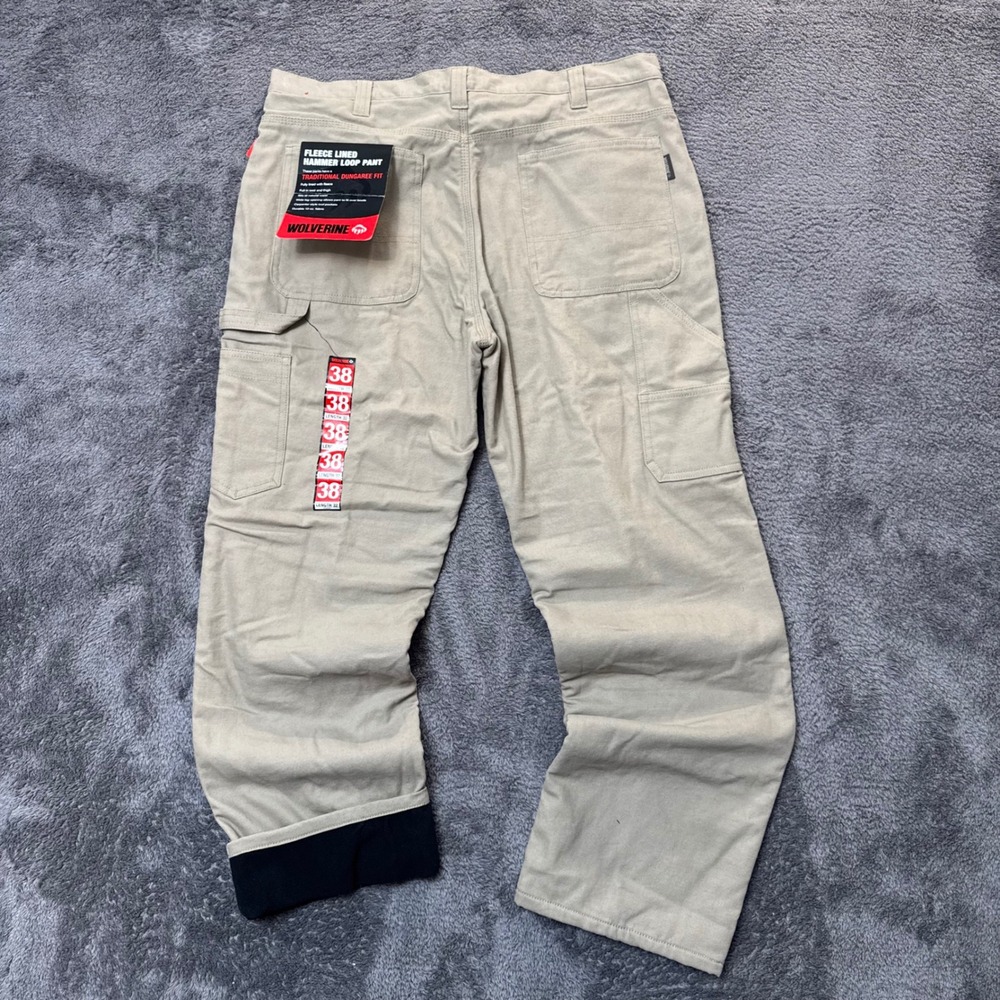 Wolverine Fleece Lined Hammer Loop Pants Mens 38x32 Khaki Tan Dungaree Fit NEW